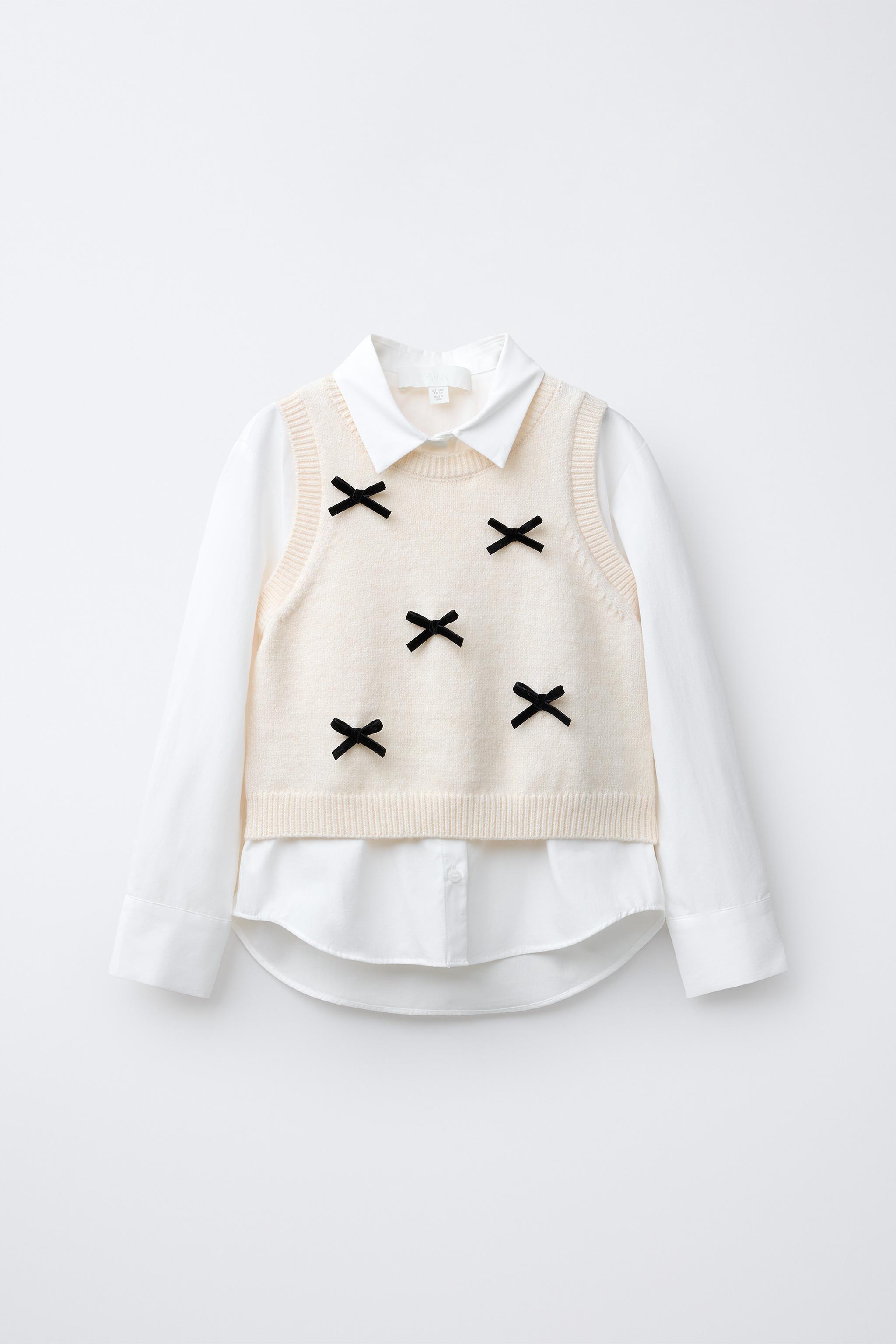 POPLIN SHIRT WITH KNIT VEST AND VELVET BOWS